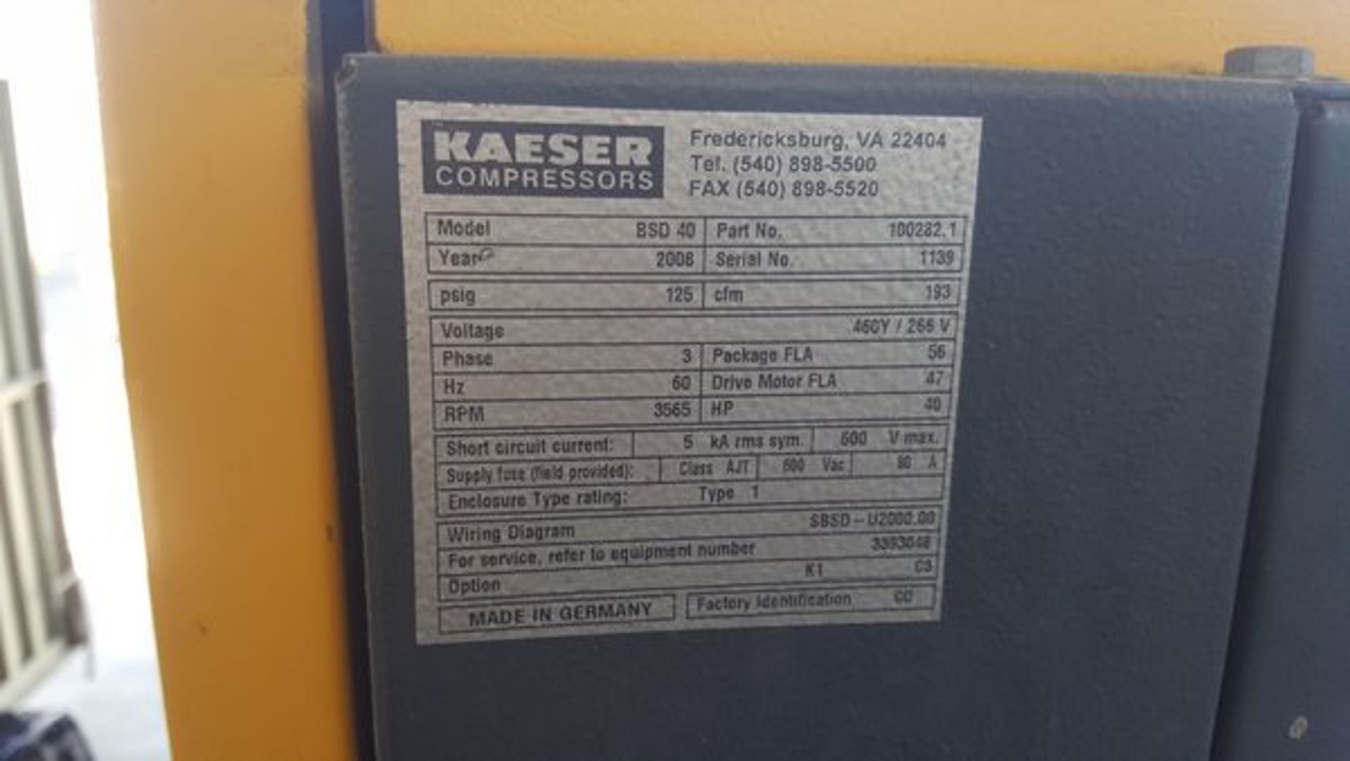 2008 Kaeser 40 hp rotary screw compressor, Model BSD40, SN 1139, 193 cfm, 125 psig - Image 3 of 3