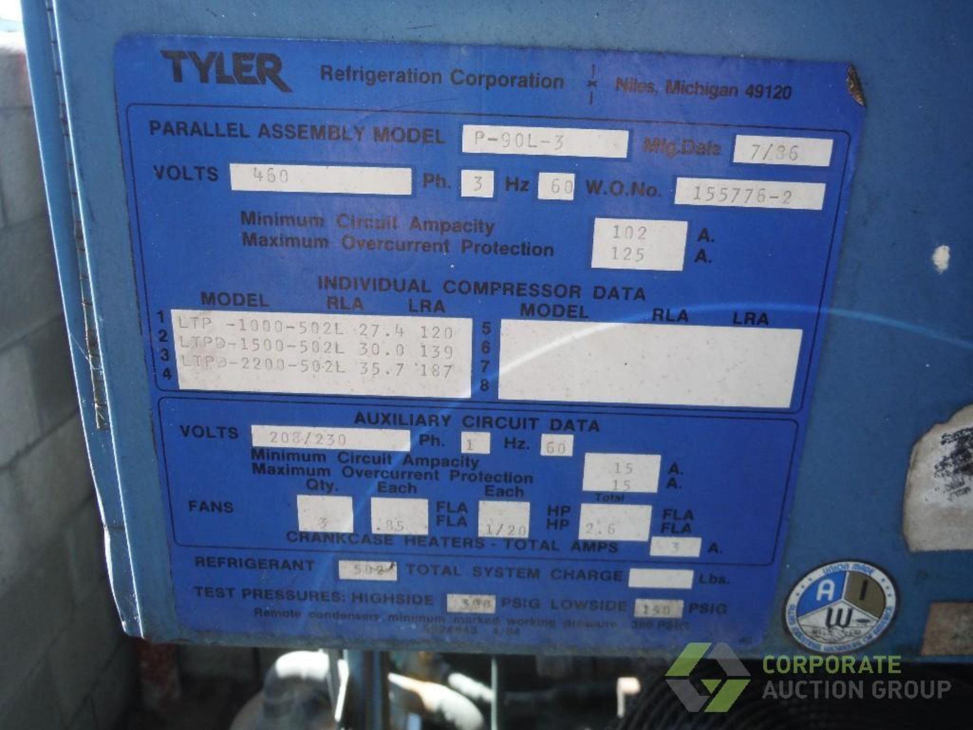 1986 Tyler ammonia compressor, Model P90L-3, R-404A - Image 8 of 10