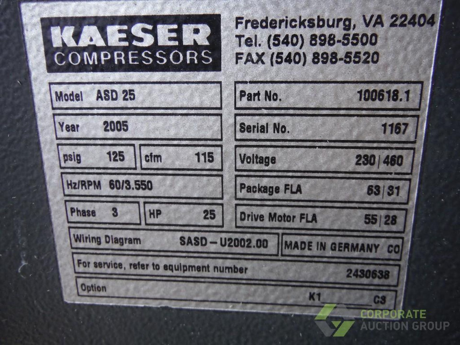 2005 Kaeser rotary screw compressor, Model ASD 25, SN 1167, 25 hp, 125 psig, 115 cfm - Image 5 of 5