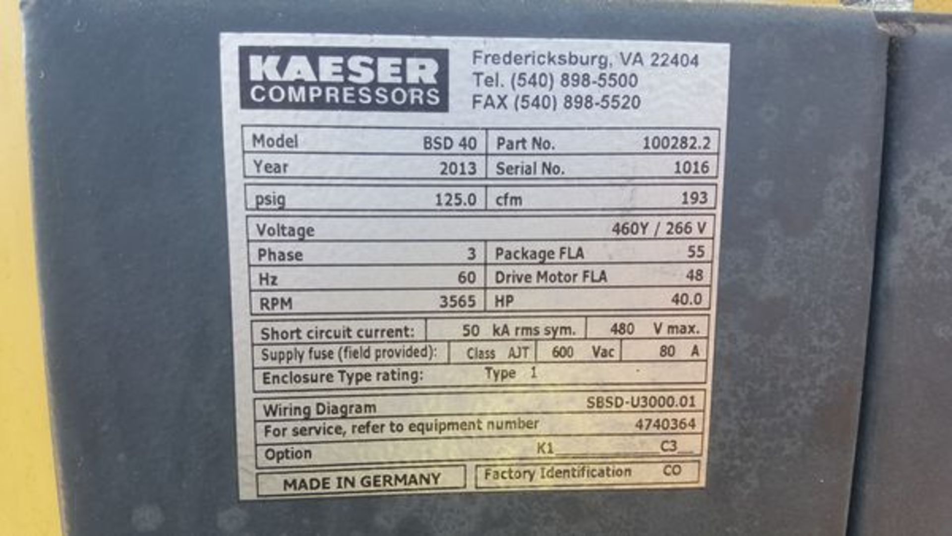 2013Kaeser 40 hp rotary screw compressor, Model BSD40, SN 1016, 193 cfm, 125 psig, 13,604 run hours, - Image 4 of 5