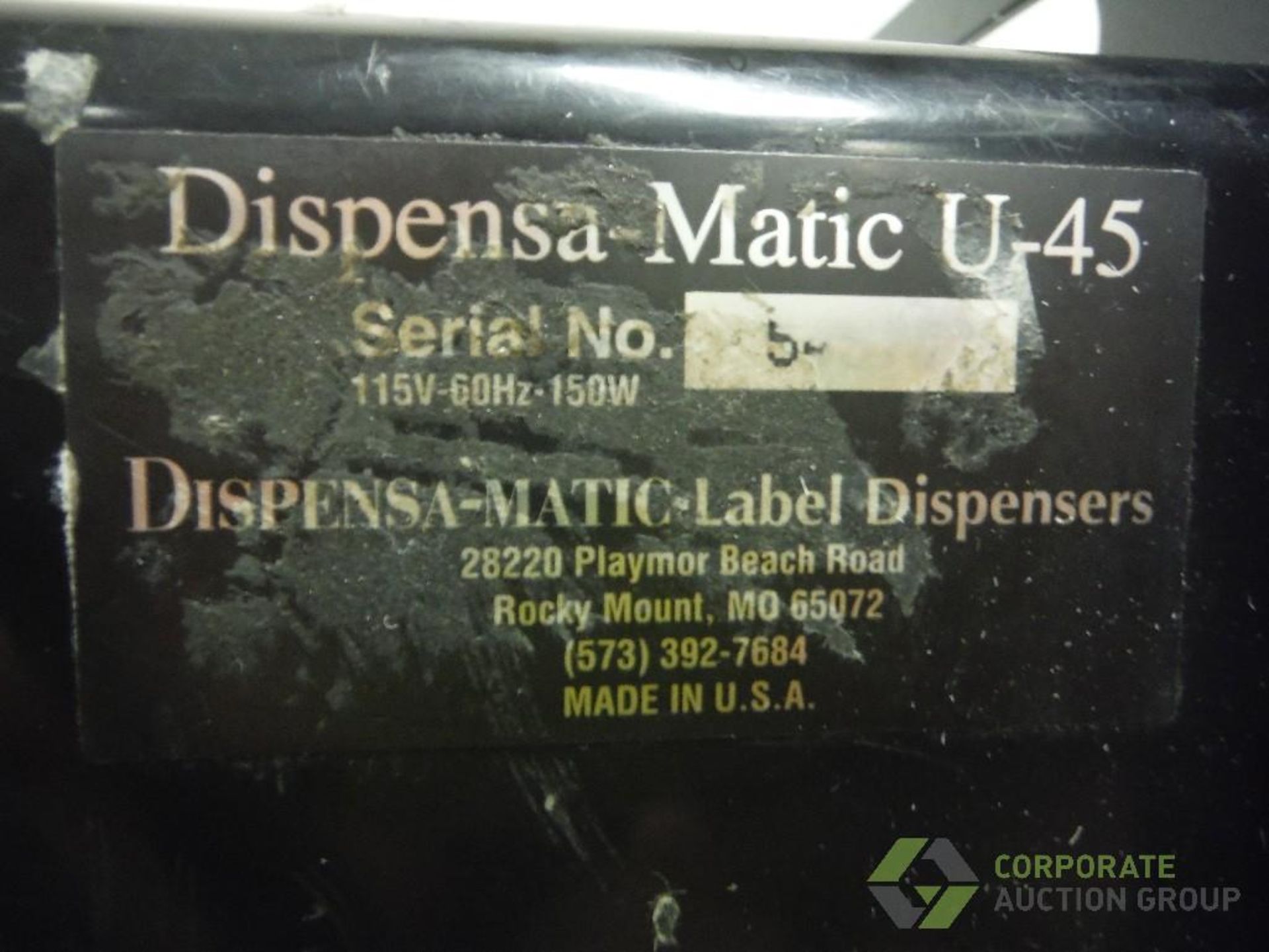 Label dispensa-matic, Model U-45, SN 54578 - Image 3 of 4