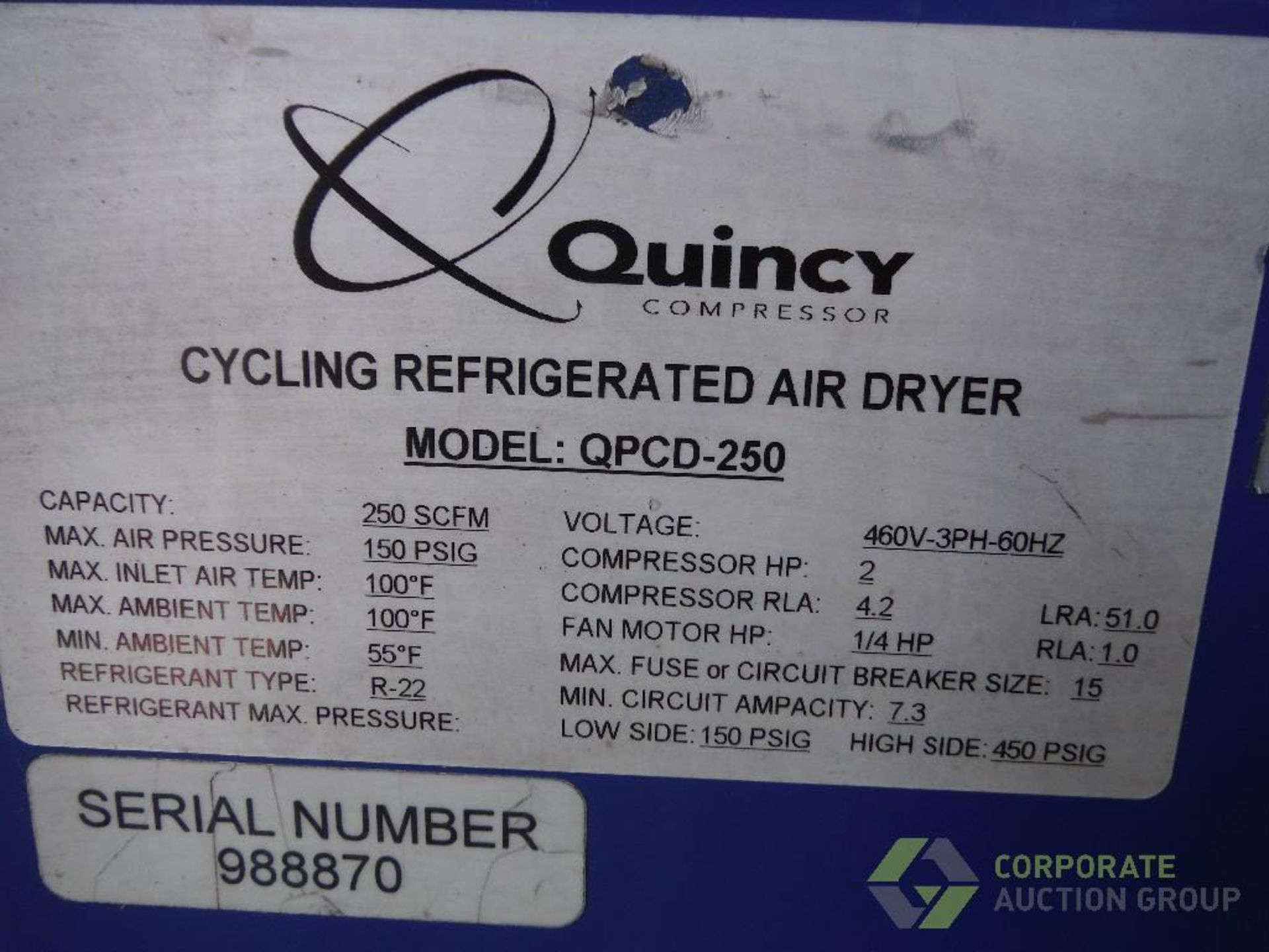 Quincy cycling refrigerated air dryer, Model QPCD-250, SN 988870, 250 scfm, 150 psig max, R-22 - Image 3 of 6