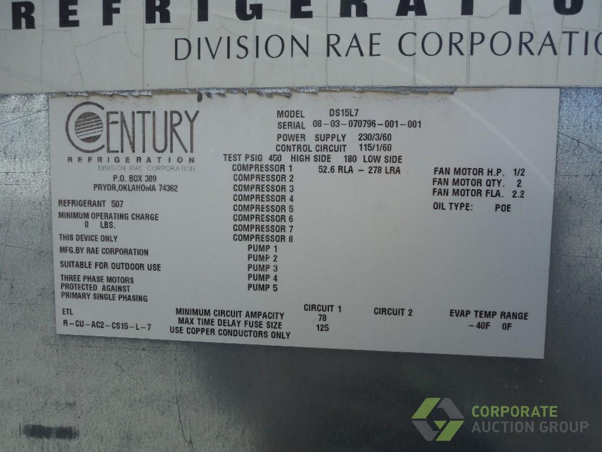 Century 2 fan condenser, Model DS15L7, SN 08-03-070796-001-001, R-507 - Image 4 of 5