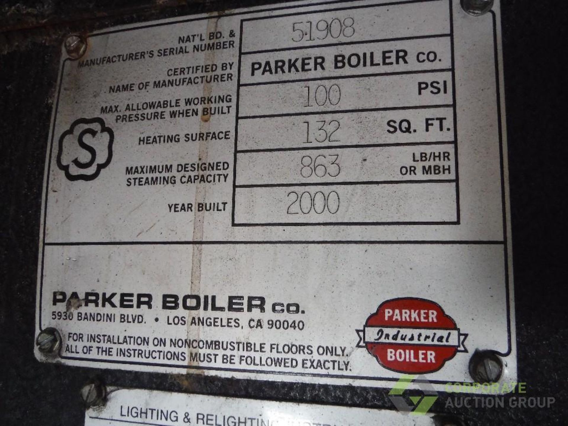 2000 Parker 25 hp steam boiler, Model 25L, SN 51908 natural gas, 1,075,000 max btu/hr., 863 lb./ - Image 4 of 8