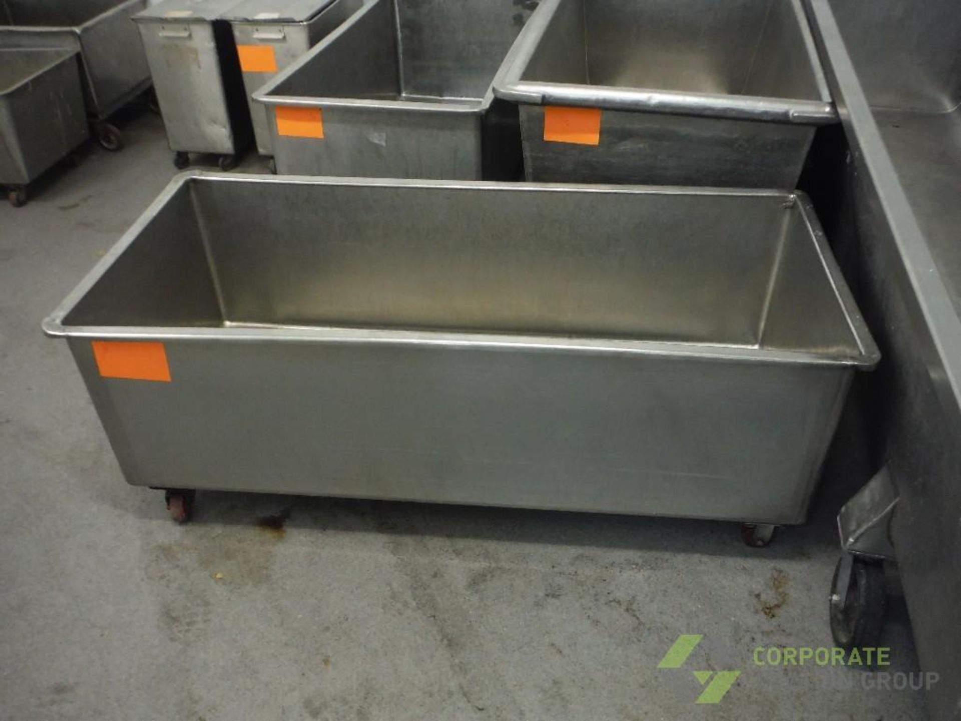 SS trough, 62 in. long x 27 in. wide x 19 in. tall, on casters