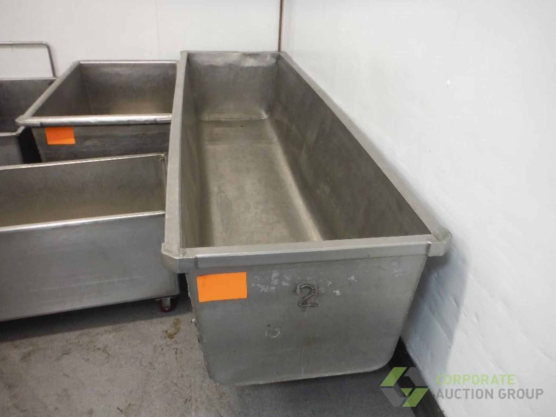 SS trough, 120 in. long x 32 in. wide x 24 in. tall, on casters