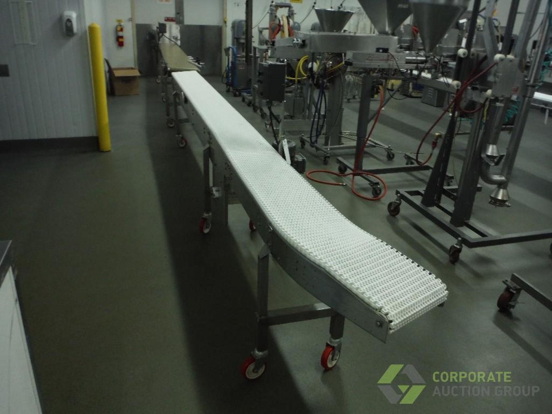 Belt conveyor, 17 ft. long x 12 in. wide x 32 in. tall, SS frame, motor and drive, on casters, - Image 2 of 6