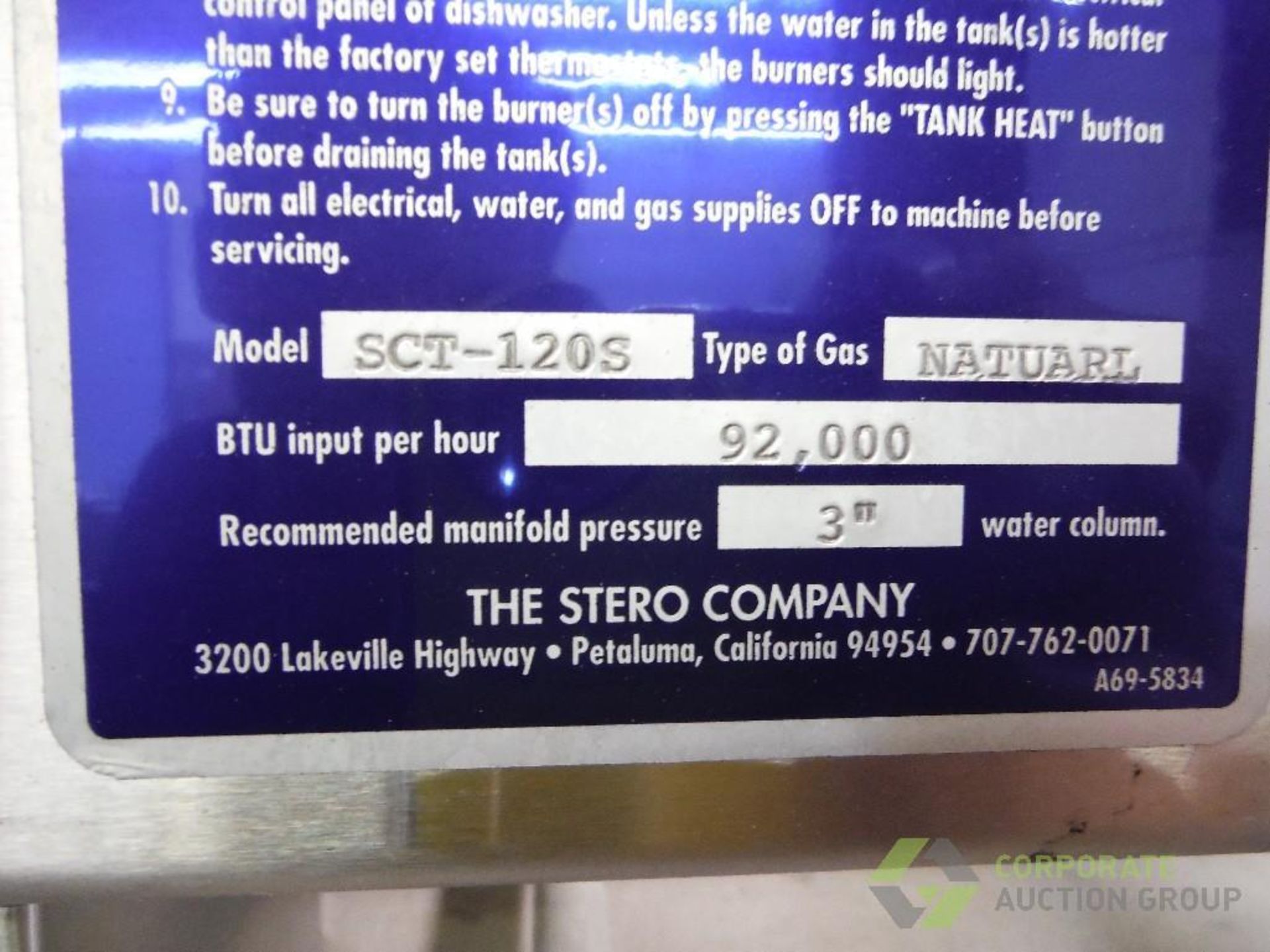 New Stero tray washer, Model SCT-120S, SN 74506-11-06, 3 phase, 208 volts, 20 in. wide, natural gas, - Image 7 of 10