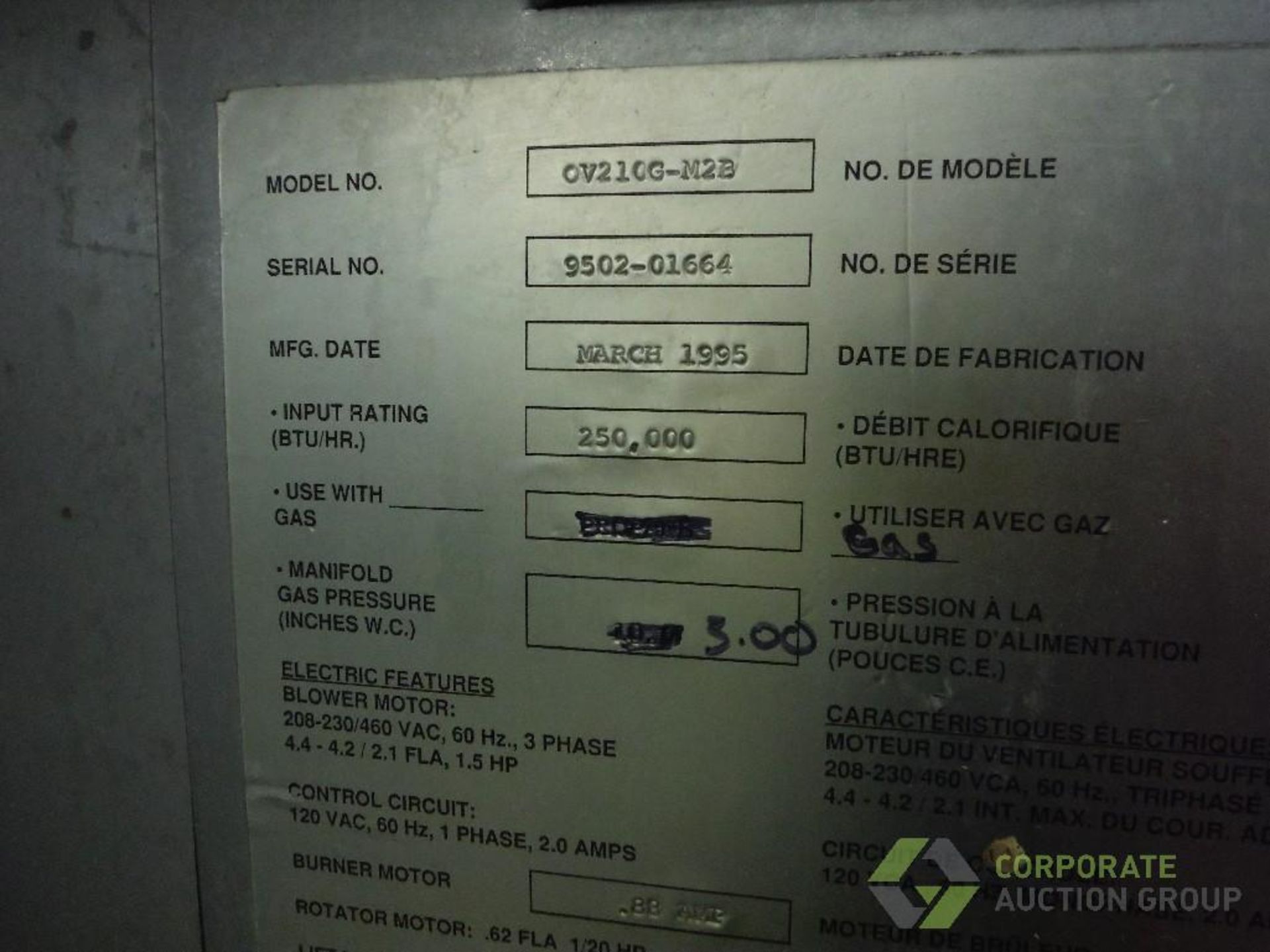 1995 Baxter double rack oven, Model OV210G-M2B, SN 9502-01664, natural gas, 250,000 btu/hr. - Image 7 of 7