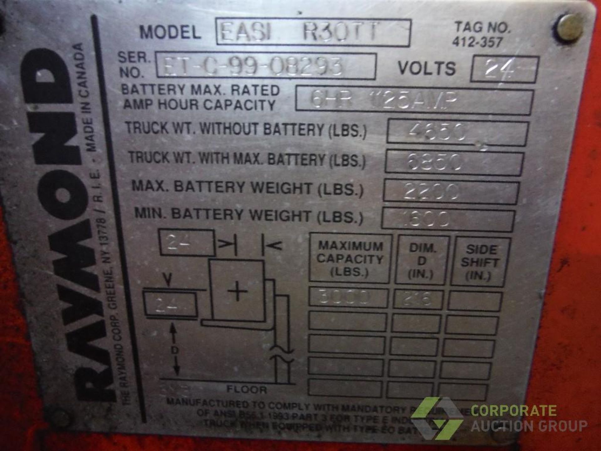 Raymond 24 volt electric stand up forklift, Model EASI R30TT, SN ET-C-99-08293, 3000 lb. capacity, - Image 5 of 5