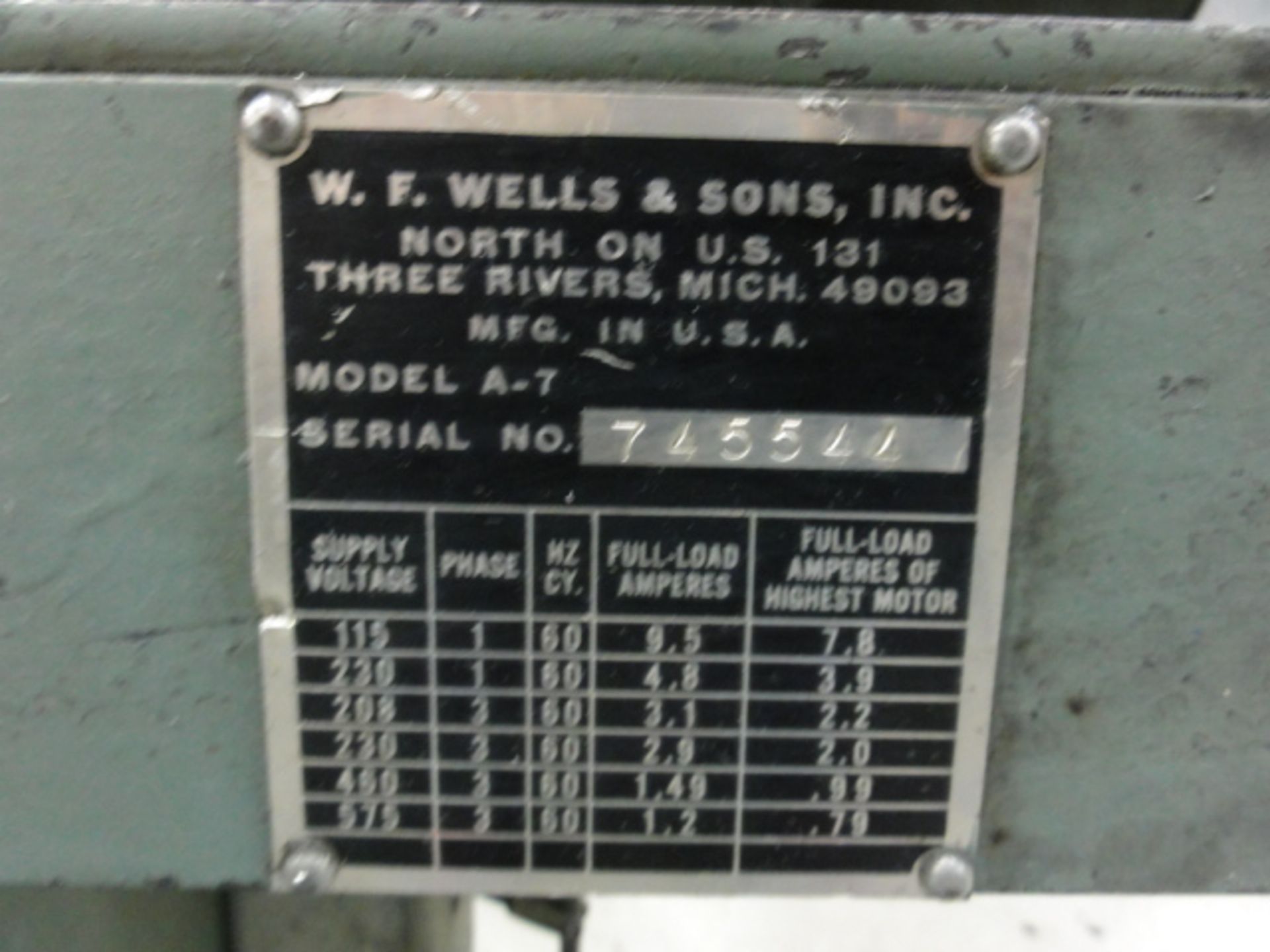 W.F.Wells & Son Continuous Blade Metal Cutting Horizontal Band Saw, Model A-7, S/N 745544, Machine # - Image 3 of 3