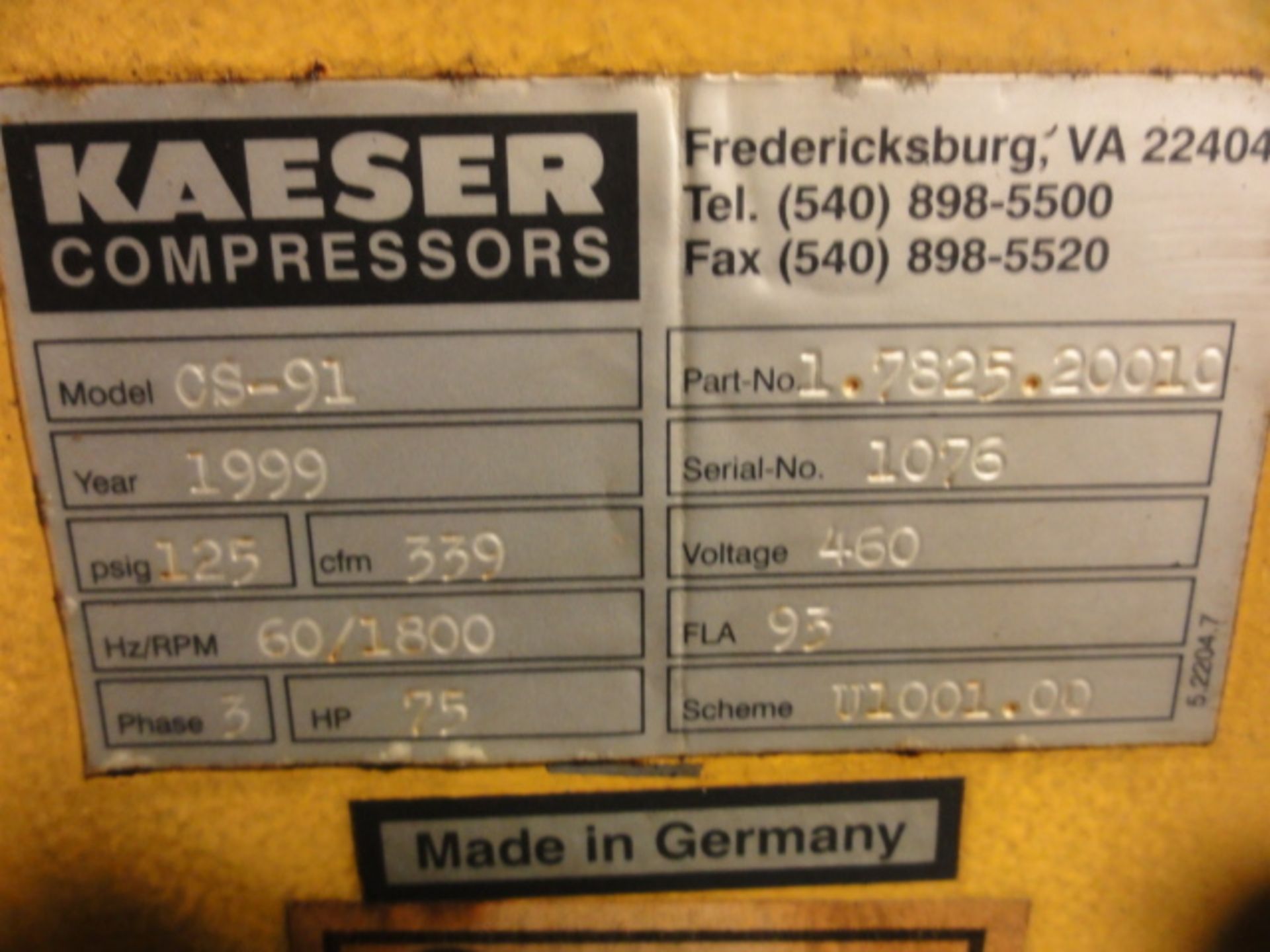 Kaeser Model CS91 75-HP Rotary Screw Air Compressor, 125 PSIG, Sigma Controls, 3-Phase, 60Htz, 460V, - Image 3 of 3