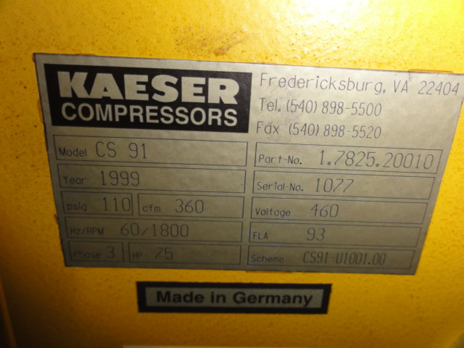 Kaeser Model CS91 75-HP Rotary Screw Air Compressor, 125 PSIG, Sigma Controls, 3-Phase, 60Htz, 460V, - Image 4 of 4