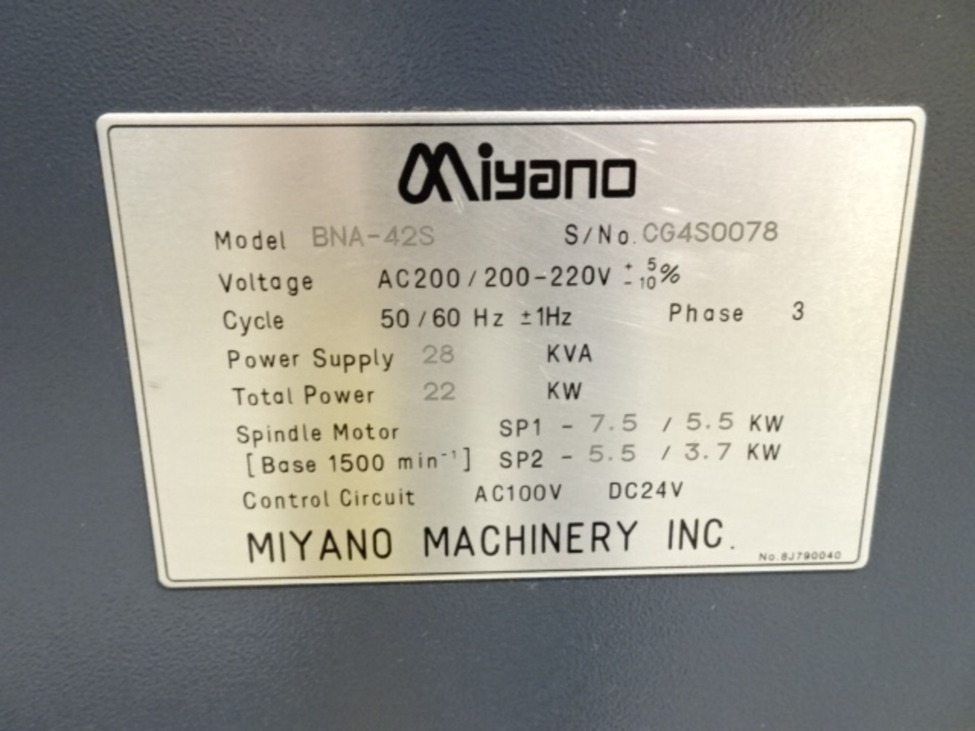2010 Miyano Model BNA-42S 42mm/1.65" Cap. CNC Turning Center; Spindle: Drive 10-HP; Speeds to 5, - Image 8 of 10