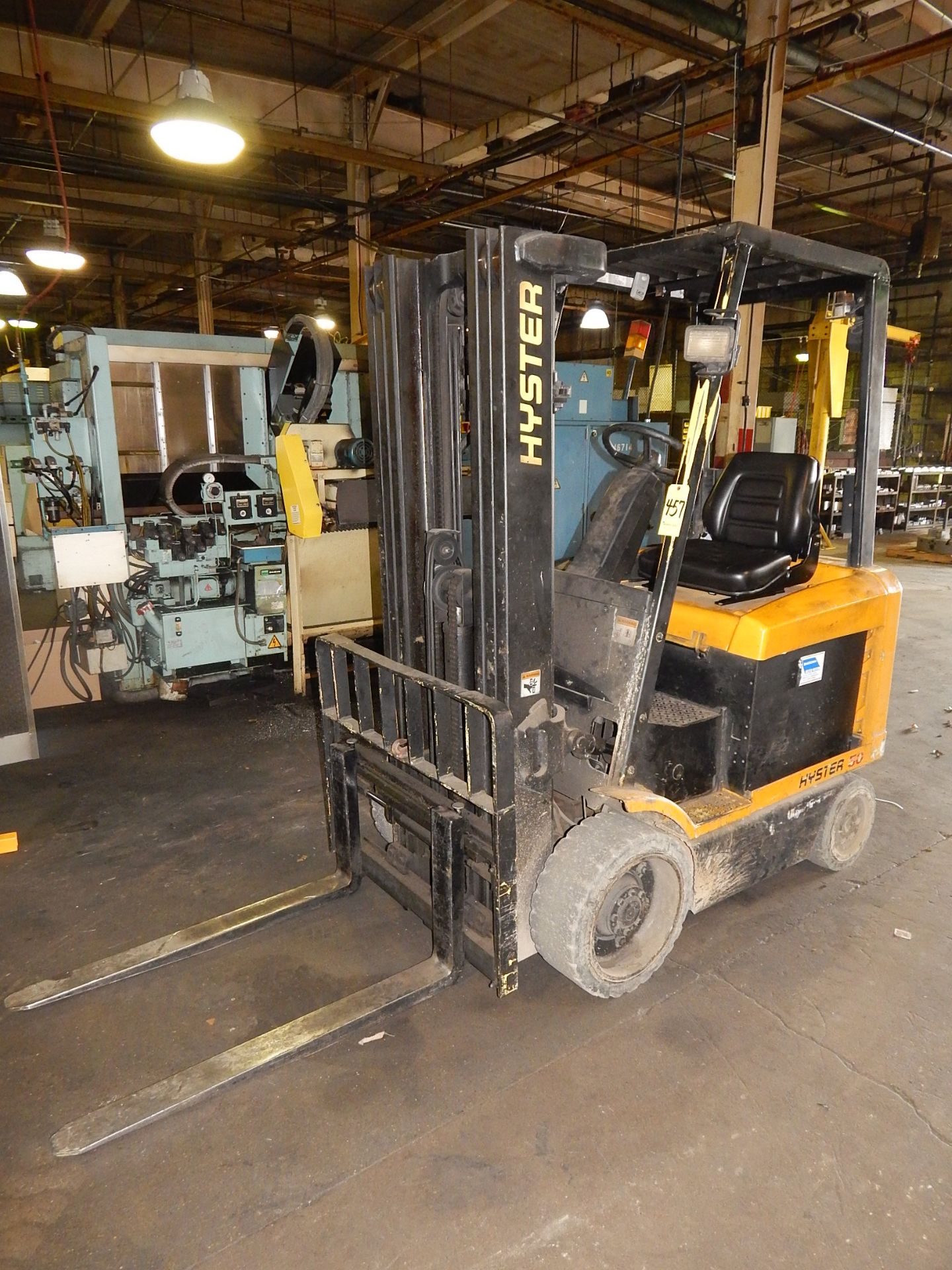 Hyster Model E50XM 2-27 Fork Lift, s/n E108V25784Z, 4,600 Lb. Capacity, Side Shift, Cage, Hard Tire,