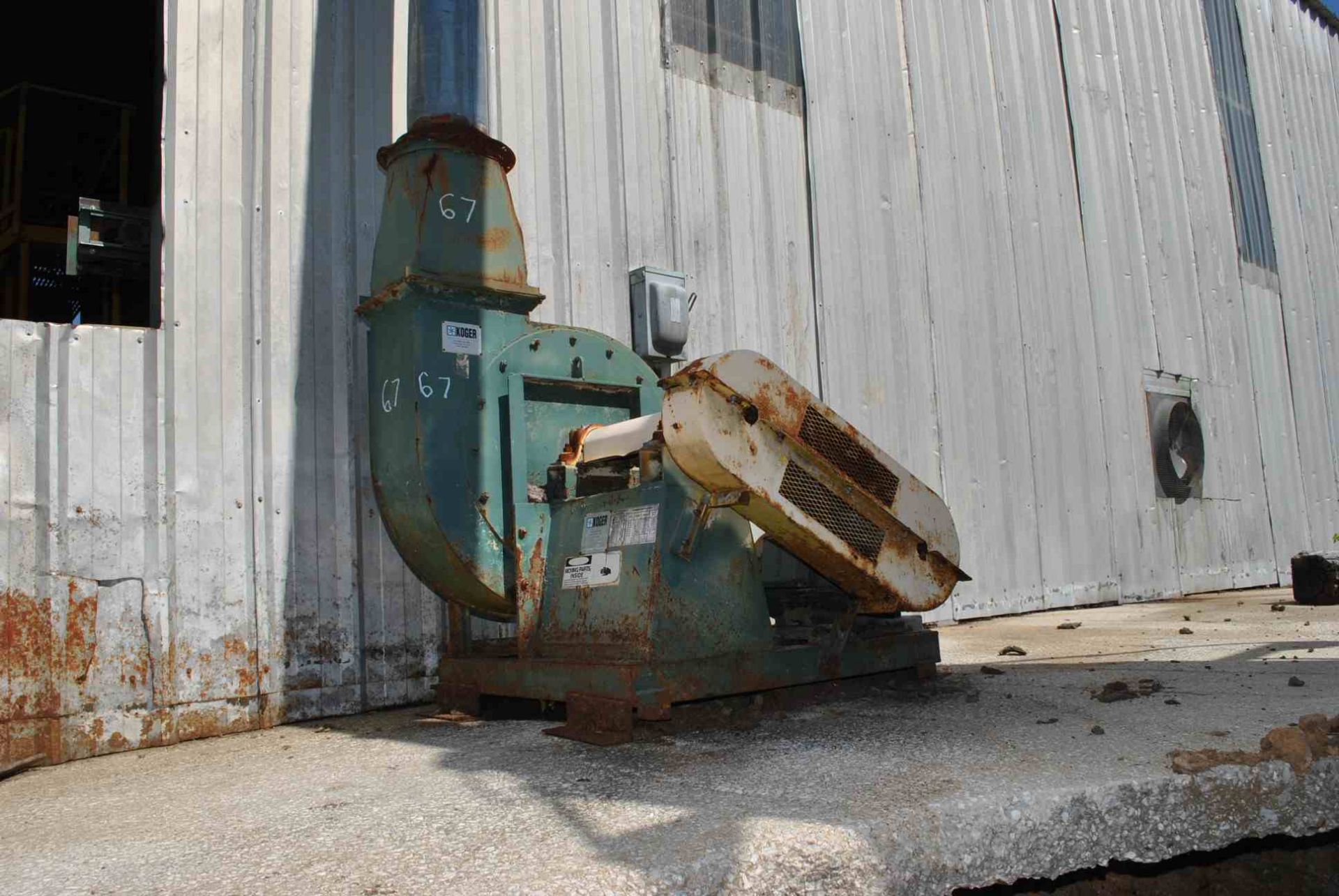 KOGER 36" SUCTION BLOWER W/15 HP MOTOR; W/APPROXIMATELY 40' OF PIPE FROM RESAW TO OUTSIDE