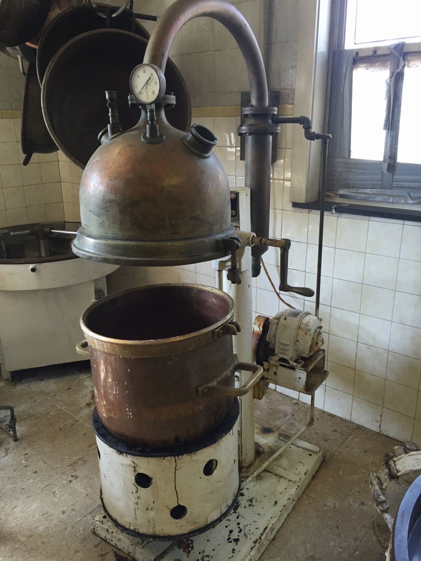 Simplex Gas Fired Vacuum Hard Candy Cooker with copper dome and pot, vacuum pump missing burner