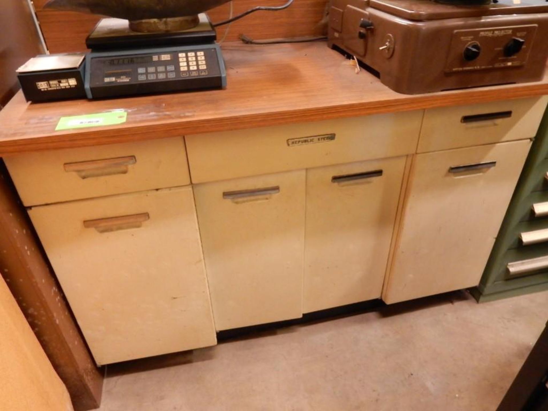 27" x 52" Formica Top Work Bench with Storage Cabinet & Electric Outlets