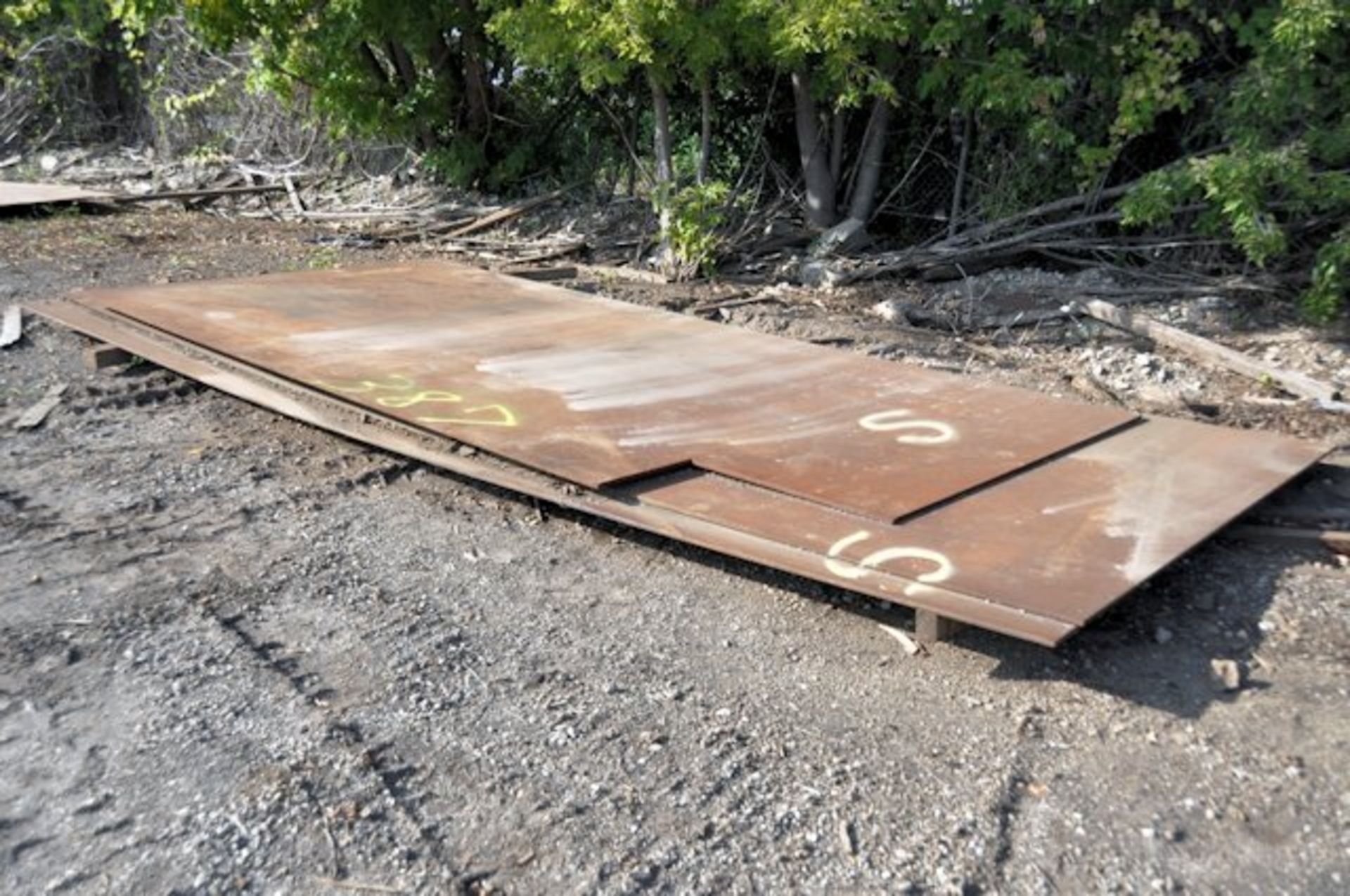 Lot-(2) 20' x 8' x 1/2" Steel Plates and (1) 16' x 8' x 1/2" Steel Plate; (Contains Some Cut-