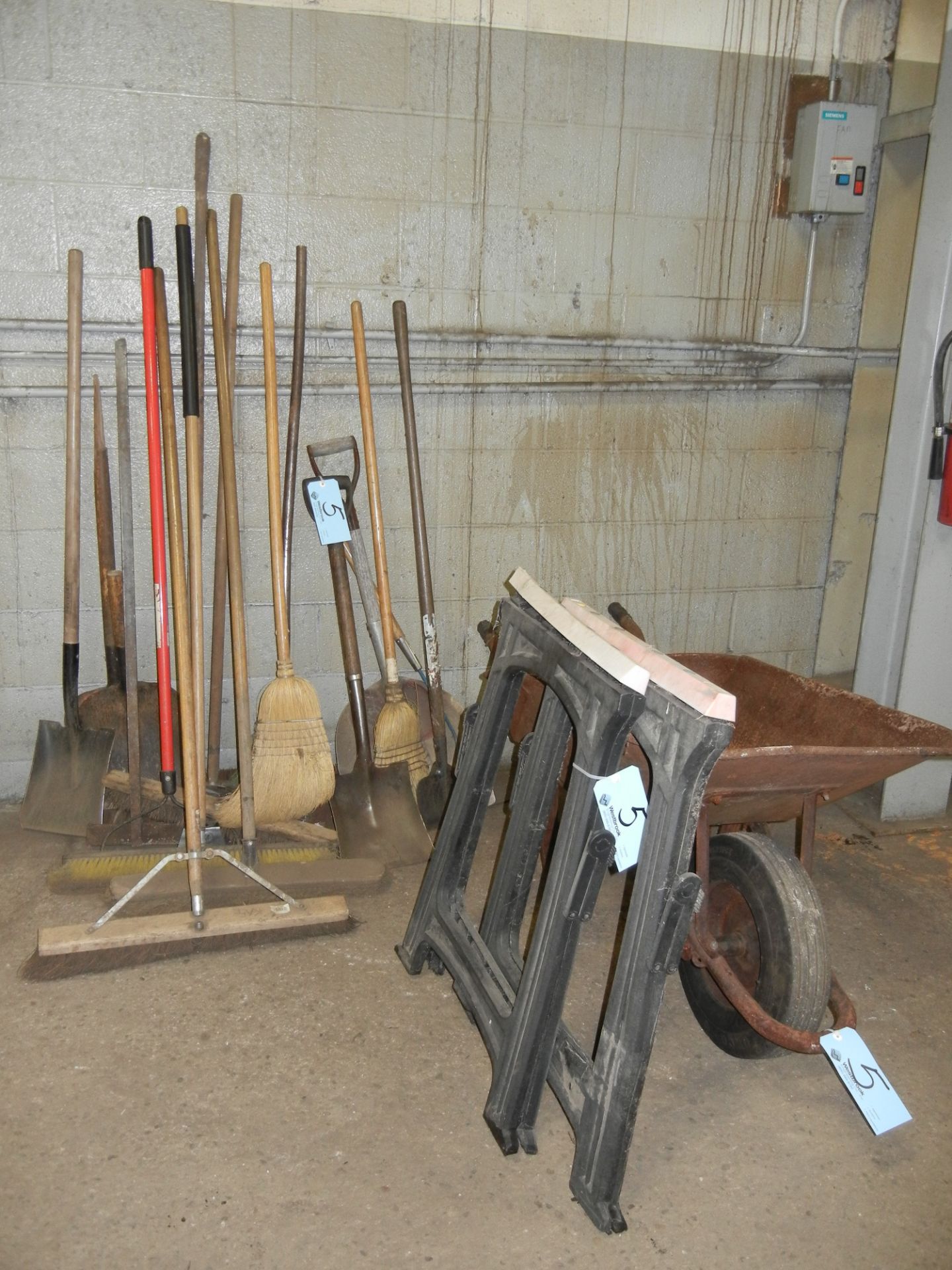 Lot-(1) Wheelbarrow; (1) Pair Plastic Work Horses and Assorted Cleanup Tools