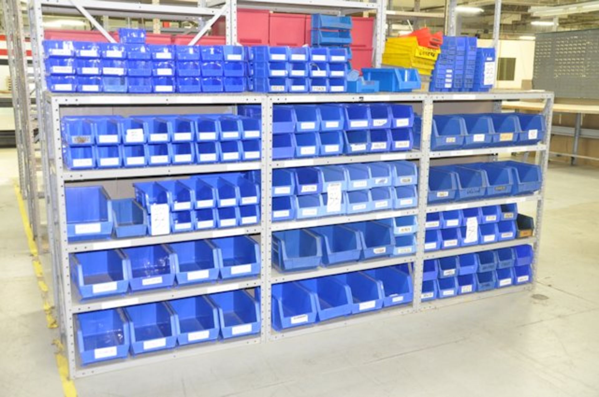 Lot-Plastic Bins on (3) Sections Shelving; (Shelving Not Included)