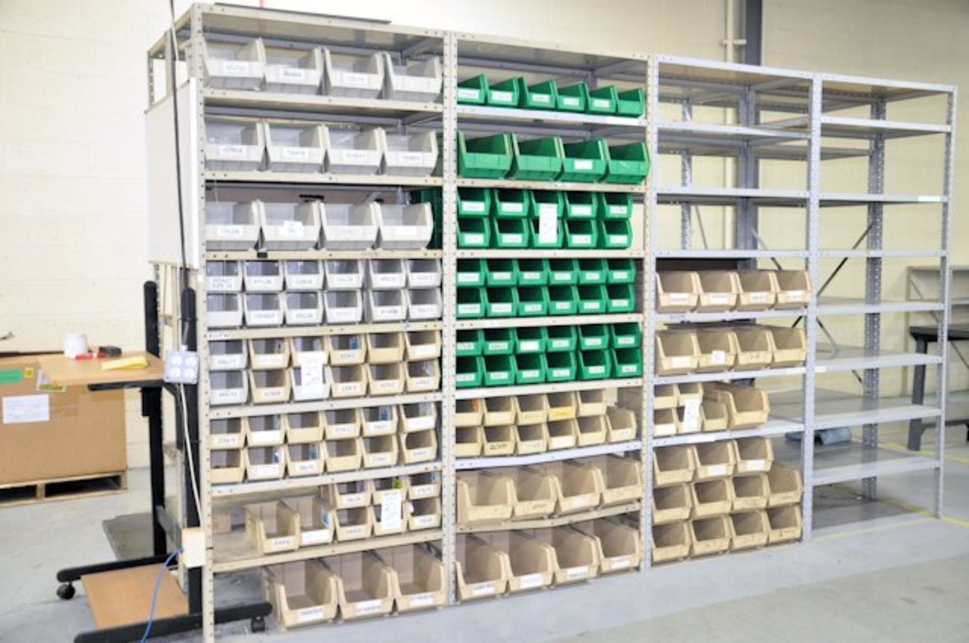 Lot-Plastic Bins on (3) Sections Shelving; (Shelving Not Included)