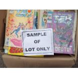 A box containing a large quantity of unsorted comics, magazines, children's annuals  and similar,