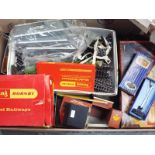 Model railways - a box containing a collection of OO gauge scenics, buildings, platform,