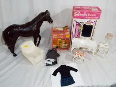 Vintage Sindy items 1960's boxed wardrobe, boxed chair plus one unboxed, bedside table,