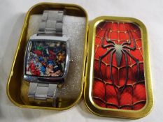 Super hero - a unused white metal Super hero watch in a Spiderman presentation tin