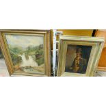 Gilt framed oil painting of a rat catcher and a painting of a Highland river scene