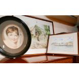 Oval Victorian print of a lady and various other prints