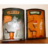 Pair of ladies and gents painted toilet signs