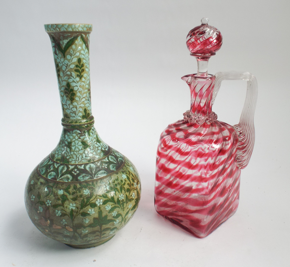 Victorian Nailsea ruby and clear glass claret jug, square bodied jug decorated in a wavy pattern,