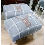 Pair of grey upholstered red deer decorated footstools