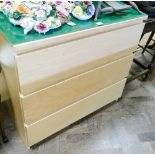 2'6 contemporary beech 3 drawer chest with green glass top