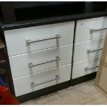 Pair of modern cream gloss and dark wood effect cabinets each fitted 3 drawers