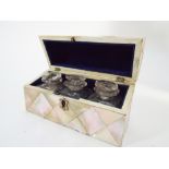 19th century mother of pearl chequerboard decorated casket opening to reveal blue velvet interior