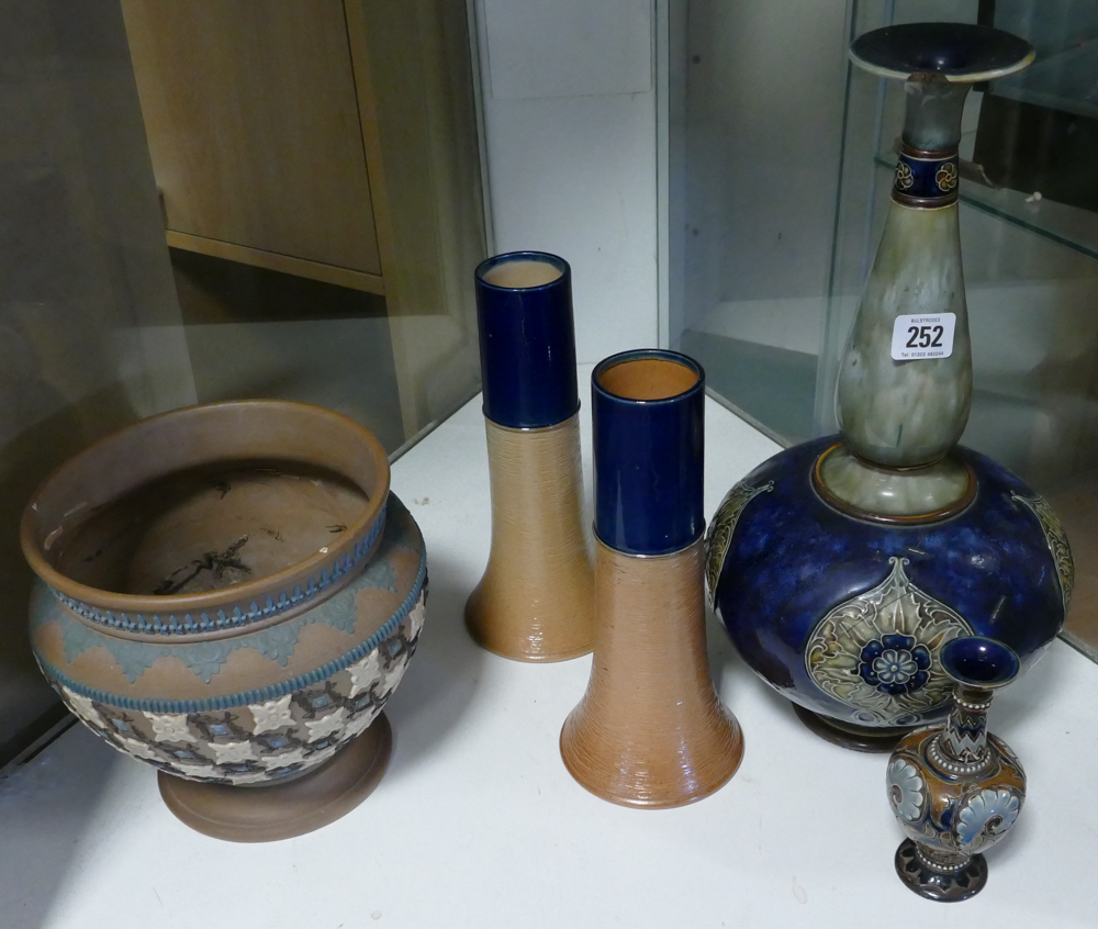 Collection of Royal Doulton stoneware items to include pair of vases and art nouveau pot (defects)