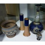 Collection of Royal Doulton stoneware items to include pair of vases and art nouveau pot (defects)