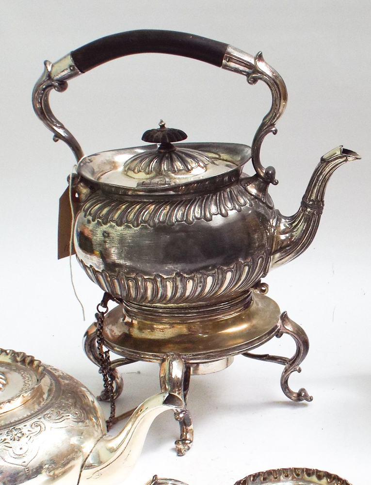 Late Victorian plated half fluted spirit kettle on stand with burner