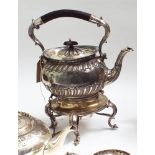 Late Victorian plated half fluted spirit kettle on stand with burner