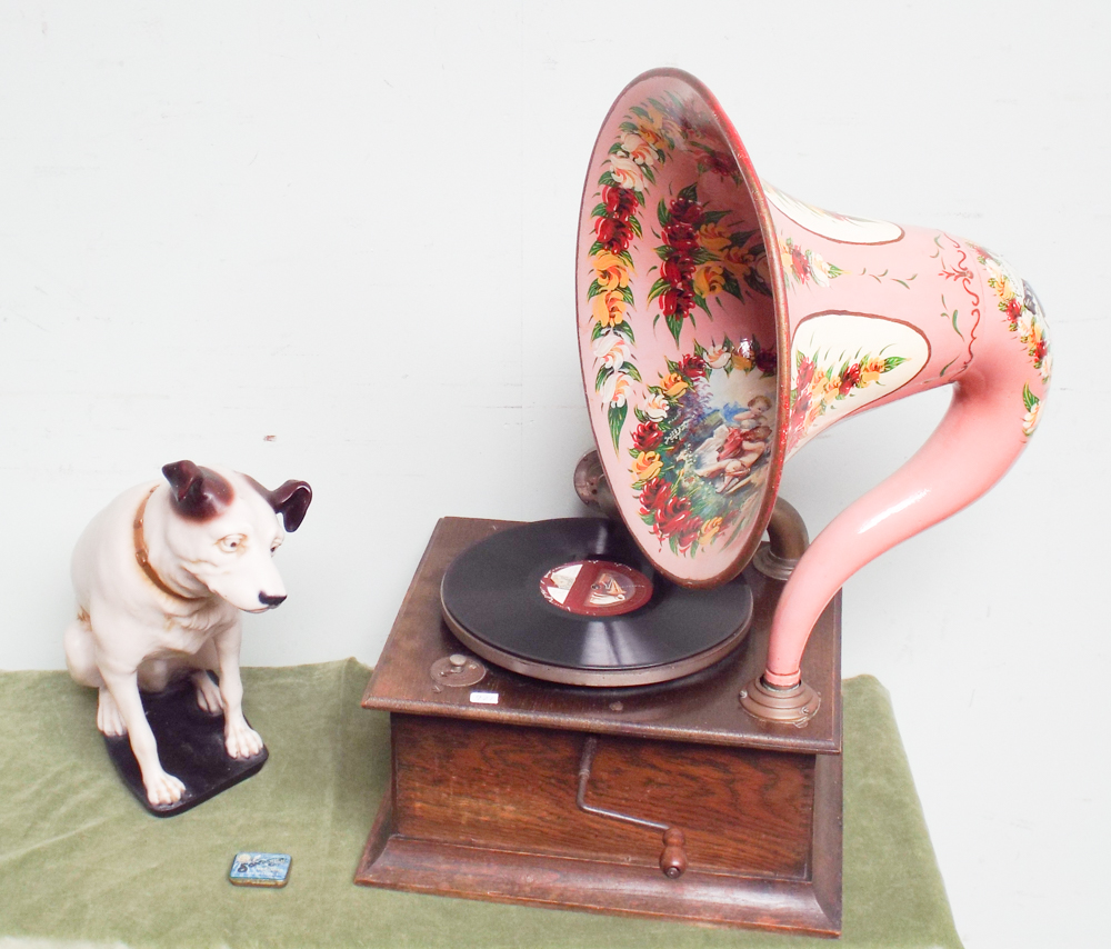 Oak table model wind up gramophone with decorative painted horn together with model of HMV dog c