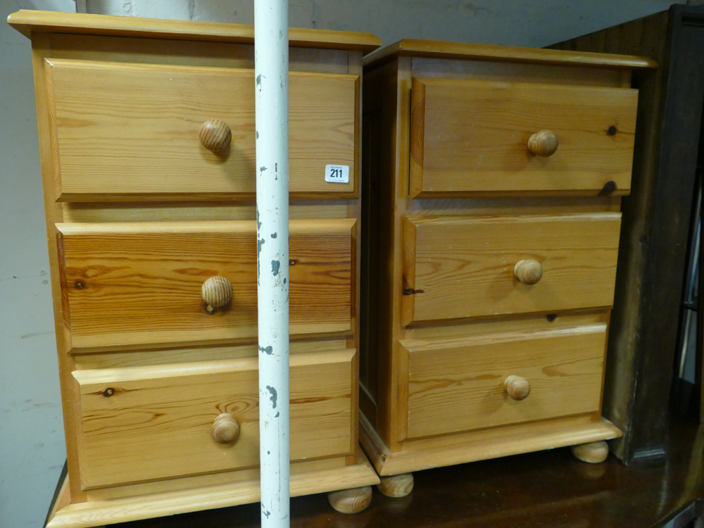 Pair of modern pine 3 drawer bedside cabinets