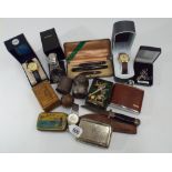 Small collection of boxed wristwatches, napkin rings, old dagger, hip flask etc.