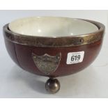 Silver plated mounted oak fruit bowl with pottery liner and presentation inscription "Eastbourne