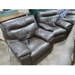 Pair of electrically operated reclining easy chair in chocolate brown leather