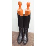 Pair of gents black leather riding boots with wooden trees approx size 7/8