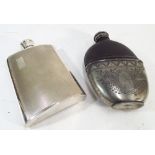 Two hip flasks, one half mounted with leather,