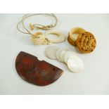 Small Chinese carved ivory box, games counters, pendant etc.